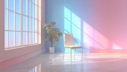 A minimalist room, featuring a chair, plant, and window, bathed in soft, colorful light