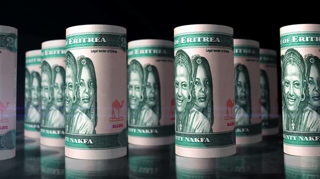 Eritrea Nakfa Eritrean money rolls loop 3d. Camera moving in front of 20 ERN rolling banknotes. Seamless loopable concept of economy, finance, business and debt.