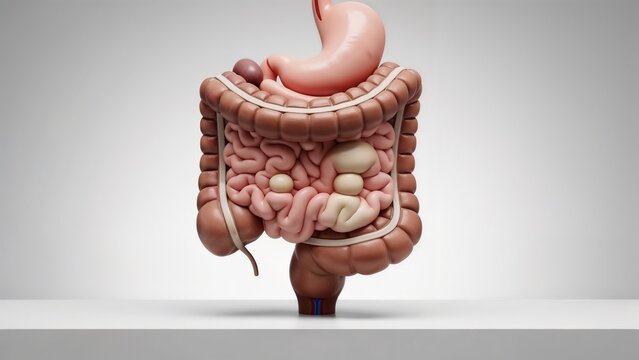 Anatomical digestive model highlighting enlarged areas filled with intestinal gases, soft background, copy space