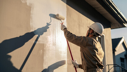 壁面を塗装する日本人作業員の作業風景（室内・外壁のローラー塗り）