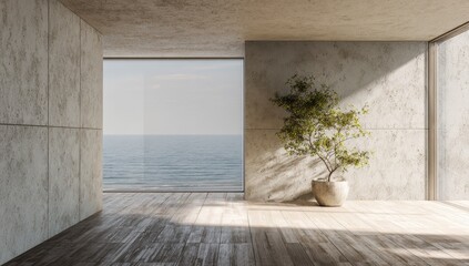 A minimal, empty interior space featuring ocean views and natural light