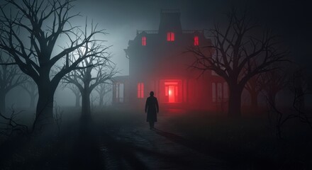 Mysterious Figure Approaches Spooky Haunted House at Night