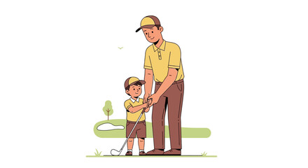 Father teaching son how to play golf on a sunny day at the golf course, illustrating family bonding and leisure activity.