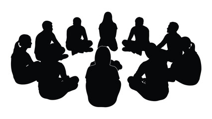 Group of people sitting in a circle silhouette isolated on white background, Vector