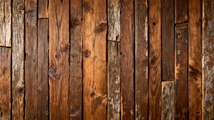 Fototapeta premium Vertical arrangement of weathered and stained wooden planks forms a rustic backdrop