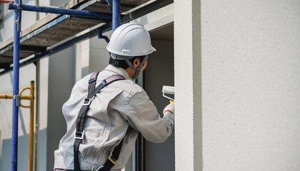 壁面を塗装する日本人作業員の作業風景（室内・外壁のローラー塗り）