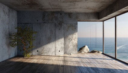 Empty, sunlit concrete room with a tree, large windows showcasing the vast ocean