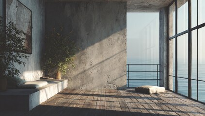 Interior scene with a window, ocean view, concrete wall, and wooden floor. Sunlit, serene and peaceful