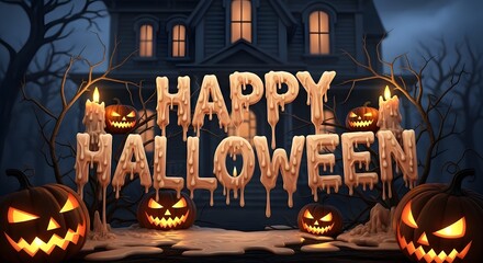 Eerie scene featuring glowing carved pumpkins and melting candles in front of a mysterious haunted house on a dark night