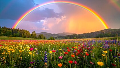 A vivid rainbow arches over a colorful wildflower meadow, reaching towards distant, forested hills at sunset