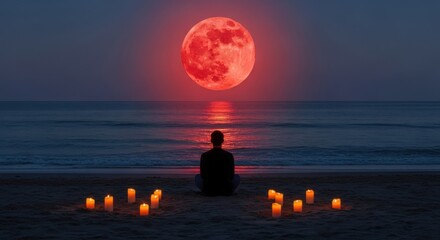 Person meditating on a beach under a glowing red moon at night