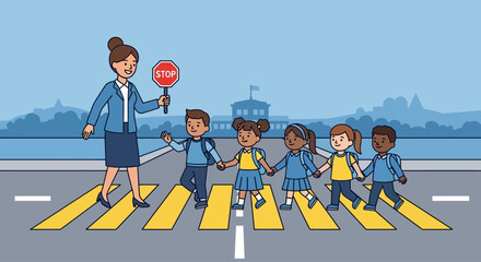 Teacher guides children across crosswalk with stop sign.