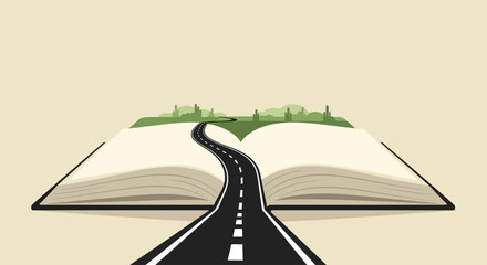 An open book transforms into a road winding through a green landscape under a clear sky.