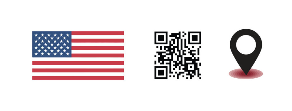 American Icons: A collection of symbols, including the American flag, a QR code, and a location pin, representing digital connection and geographical identity.