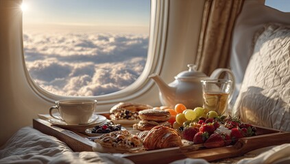 Luxurious in-flight breakfast served on a tray