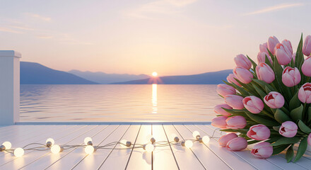 Pastel-toned balcony overlooking a serene ocean at sunrise, featuring pink tulips and blossoming flowers