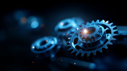 Technology workflow concept on blue backdrop defocused digital background process automation visualization system integration scene technological advancement display with copy