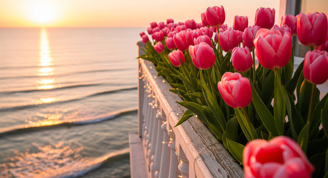 sunset over the river, pink tulps on a seaside balcony at sunset, soft light, string light, romantic atmosphere