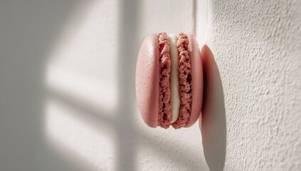 Pink macaron against a light wall
