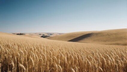 Fototapeta premium Golden field of wheat swaying gently under a clear blue sky, rolling hills in the distance