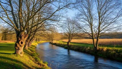 Tranquil river flowing through a winter landscape, illuminated by golden hour sun and bare deciduous trees.