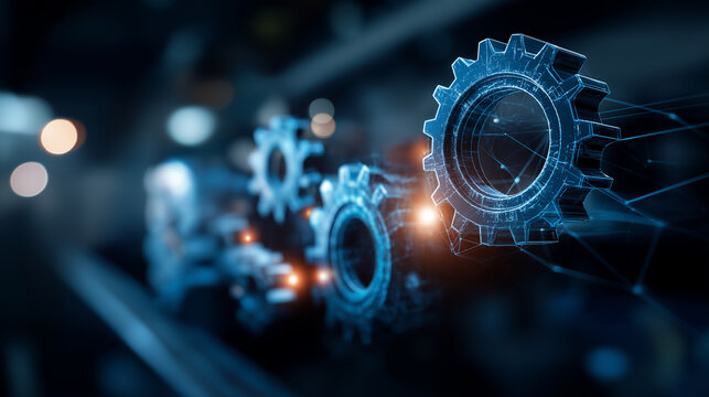 Technology workflow concept on blue backdrop defocused digital background process automation visualization system integration scene technological advancement display with copy