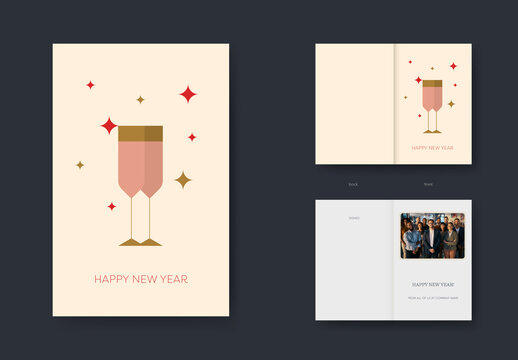 Happy New Year Card Template with Champagne Glasses