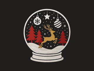 magical Christmas landscape, snow globe effect, red pine trees, golden reindeer, festive ornaments, cloud layers