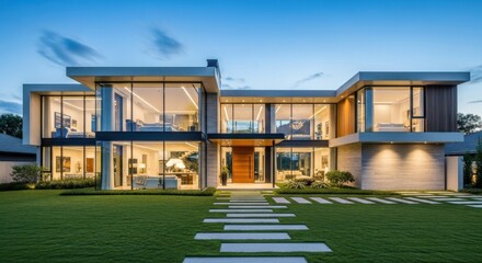 Modern luxury home exterior with illuminated interior at twilight