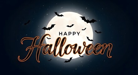 Eerie night sky with a bright full moon and a swarm of bats creating a spooky silhouette for a festive Halloween message