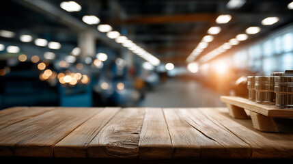 Empty wooden workbench in automotive repair facility defocused blurred shop background workspace preparation scene maintenance environment display service area visualization
