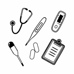 Professional Clean Line Art Icon Set of Medical Checkup Tools