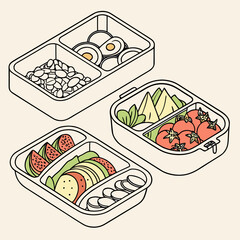 vector illustration of weekly meal prep containers filled with healthy meals