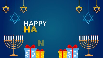 Animated Happy Hanukkah Greeting with Menorah, Gifts, and Star of David on Blue Background - Powered by Adobe