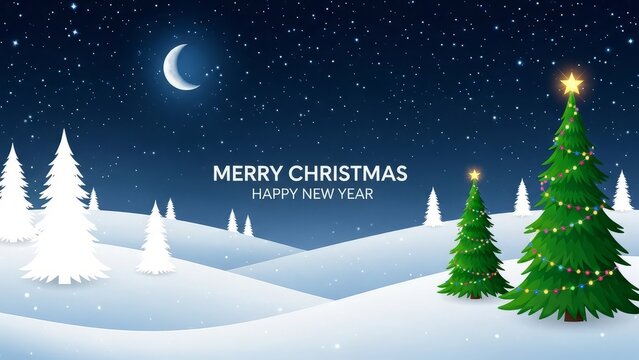 A christmas scene with snow covered hills trees moon and stars wishing happy holidays to everyone here - Powered by Adobe