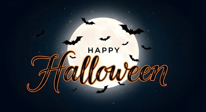 Eerie night sky with a bright full moon and a swarm of bats creating a spooky silhouette for a festive Halloween message