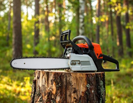 Chainsaw rests on stump in sunny forest; tall trees blurred in background - Powered by Adobe