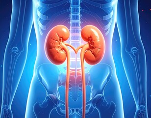 Human kidneys highlighted.  X-ray, anatomical display