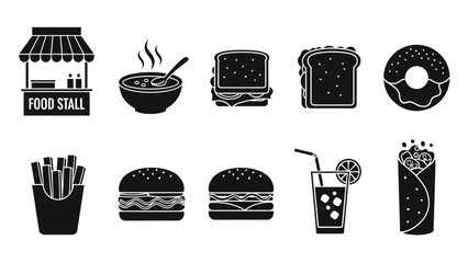Black and white food icons representing street food and fast food
