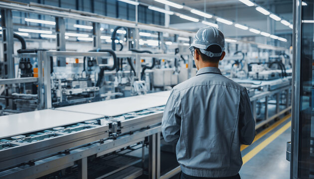 工場ラインを監視する日本人作業員の後ろ姿セット（設備点検・製造業）