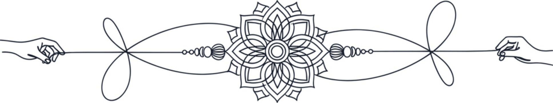 Line art of hands tying a decorative rakhi thread with an intricate mandala design, symbolizing protection and bond, white