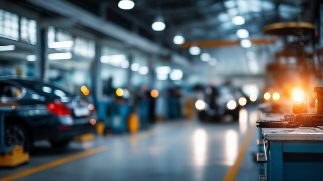 Vague automotive workshop interior with soft focus on repair scenes defocused maintenance background service environment visualization garage atmosphere display mechanical work