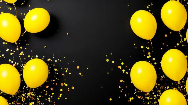 Festive yellow balloons and golden confetti on a dark background for celebrations parties and special events