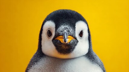 Close-up of an emperor penguin chick a cute and fluffy bird isolated on a yellow background - Powered by Adobe