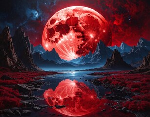 A vivid red moon dominates the sky above a landscape with reddish flora and mirrored water reflection