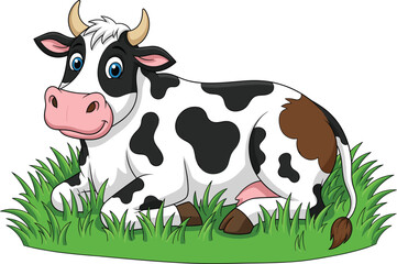 Cartoon cow lying on grass, relaxed farm animal sketch, black and brown patch vector, friendly character pose, educational illustration concept
