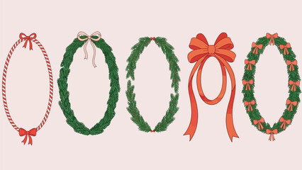 Collection of festive christmas wreaths with bows for holiday decorations