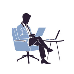 Silhouette of a businessman in a suit sitting in a modern armchair and working on a laptop computer.