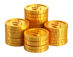 Stack of Gold Dollar Coins in Cute 3D Cartoon Plastic Style, Perspective View, Isolated