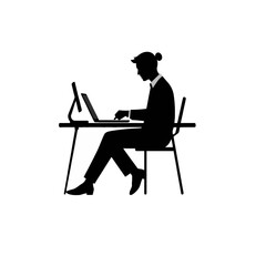 A silhouette of a person with a bun hairstyle working on a laptop at a desk with a monitor.
